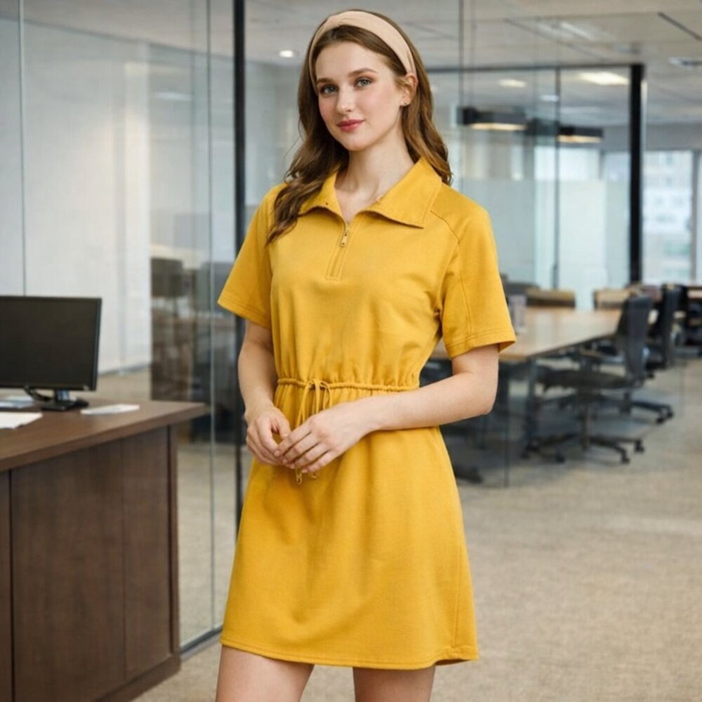 High Neck Collared Buttoned and Belted Formal Office Dress